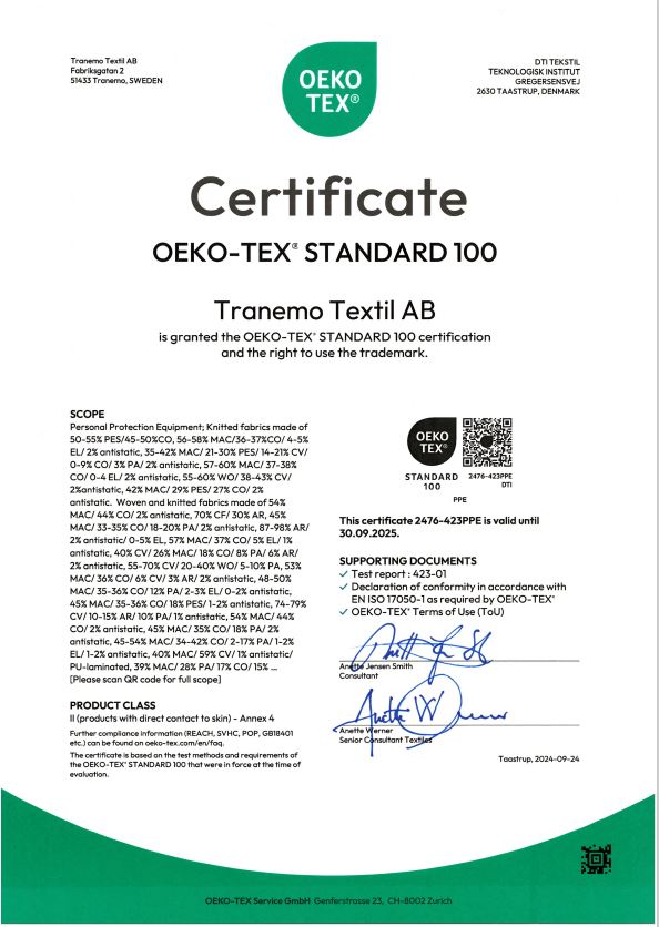 Oeko-Tex Standard 100 - 2176-423PPE OEKO-TEX-Tranemo_2476-423PPE_DTI