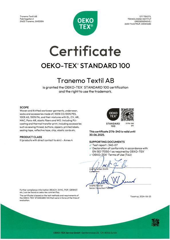 Oeko-Tex Standard 100 - 2176-340 Tranemo_2176-340_DTI_Oeko-Tex.